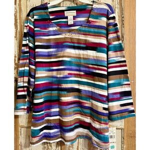 Alfred Dunner Classics 2019 Striped Embellished 3/4 Sleeve Top - Multi - Size 1X